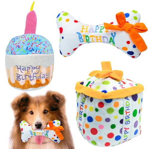 QIMMU Hund Geburtstag Spielzeug, Hundegeburtstag Plüschtier Knochen, Hund Geburtstag Geschenk, Weich Plüsch-Quietschspielzeug für Hunde Haustiere (3PCS) von QIMMU