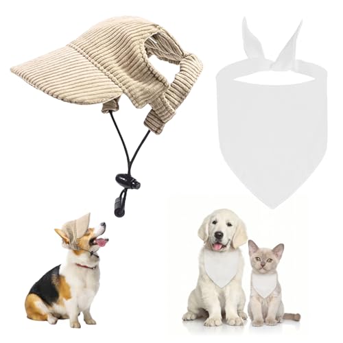 QINGYIWL Hunde Baseballmütze, Verstellbar Hundecap mit Ohrlöchern, Hundesonnenhut, Sonnenschutz Hut für Welpen und kleine Hunde (Khaki, S) von QINGYIWL