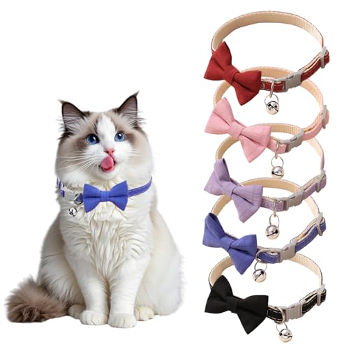 5 Stück Katzenhalsbänder mit Glöckchen und Fliege, Verstellbare Sicherheits-Halsbänder mit Schnellverschluss, Weiche Halsbänder für Katzen für Haustierparty, Hochzeit von QINGZY