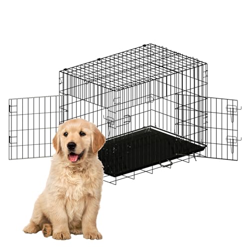 QISHIJIXIANG Hundebox mit Doppeltür, tragbare Hundebox aus Draht mit Tablett und Trennwand, Haustierbox für kleine Hunde, Indoor- und Outdoor-Haustiergehege, 76,2 cm L x 45,7 cm B x 53,3 cm H, QISHIJIXIANG Hundebox mit Doppeltür, tragbare Hundebox aus Draht mit Tablett und Trennwand, Haustierbox für kleine Hunde, Indoor- und Outdoor-Haustiergehege, 76,2 cm L x 45,7 cm B x 53,3 cm H, von QISHIJIXIANG