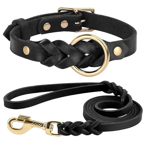 Hundehalsband-Leine-Set aus echtem Leder, geflochtenes, langlebiges Leder-Hundehalsband für mittelgroße und große Hunde, Deutscher Schäferhund, Haustierzubehör von QIUMING