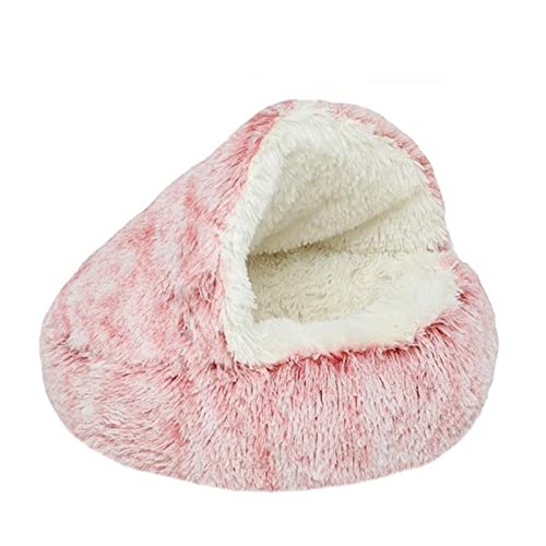 QIUYMGFG Hundebett Hundebett, rundes Kissen, Katzenhaus, 2 in 1, Warmer Katzenkorb, Schlafsack, halb geschlossene Tasche für Welpen, kleine Katzen Katzenbett(Pink Plush,50CM) von QIUYMGFG