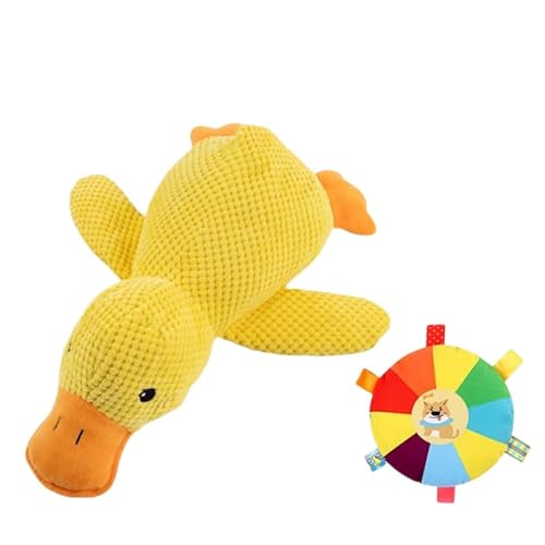 QIXUJAK Anti-Stress-Ente für Hunde – Beruhigende Ente für Hunde – Unzerstörbares Plüschspielzeug, Gelbes Anti-Stress-Plüsch-Entenspielzeug (Groß + Hund Frisbee) von QIXUJAK