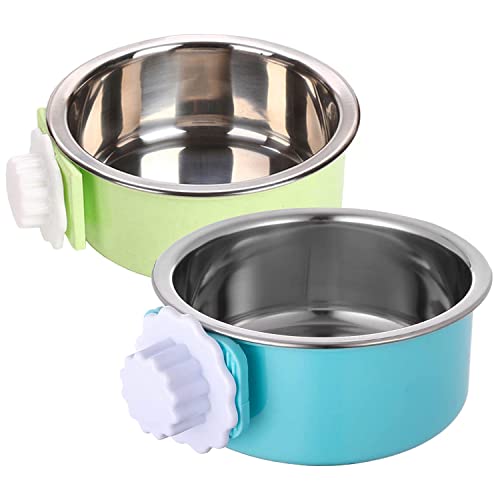 QIYADIN Hundekäfig-Futternapf, zum Aufhängen, Edelstahl, abnehmbare Haustierbox, Wasser- und Futternäpfe, Haustierkäfig, Behälter für Katzen, Welpen, Vögel, Ratten, Hamster (2 Stück, grün/blau) von QIYADIN