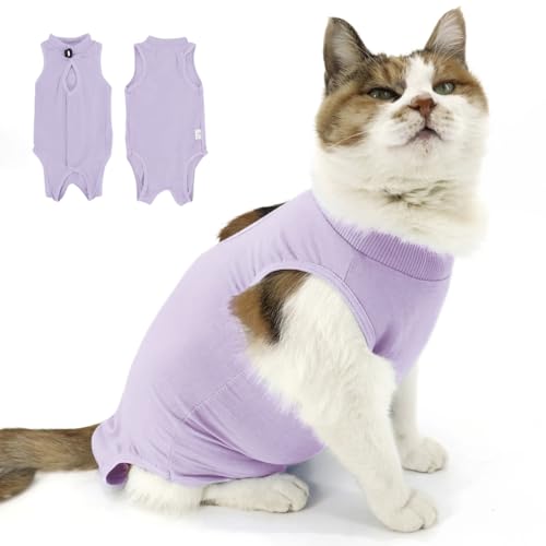 QIYADIN Katzen-Genesungsanzug, chirurgische Genesungskleidung für Bauchwunden oder Hautkrankheiten, Katzen-Einteiler nach Operationen und Spay, alternativer Schlafanzug mit E-Halsband (lila, groß) von QIYADIN