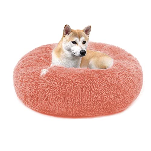 QIYUANT Rundes Plüsch Donut Haustierbett Bequem Warm Fell Kuschelig Weich Flauschig Beruhigendes Bett Rutschfeste Unterseite Hund Katze Bett (Haut Pink, 90 x 90 cm) von QIYUANT