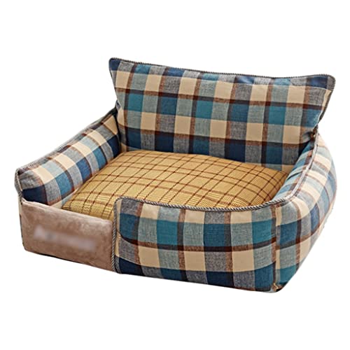 QIooQsaQ Hundebett, Hundesofa mit Grasmatte, waschbares Hundebett, Hundebett mit Seiten, Hundesofas (Farbe: Blau kariert, Größe: 76 x 71 cm) von QIooQsaQ
