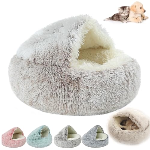 QJDTZMD Pursnug Cat Bed, Pursnug Calming Cozy Cave, Calming Dog Beds & Cat Cave Bed with Hooded, Non-Slip Bottom Winter Pet Plush Bed for Dogs Cats (35 * 35CM,Brown) von QJDTZMD