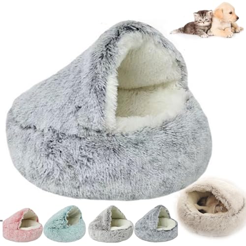 QJDTZMD Pursnug Cat Bed, Pursnug Calming Cozy Cave, Calming Dog Beds & Cat Cave Bed with Hooded, Non-Slip Bottom Winter Pet Plush Bed for Dogs Cats (35 * 35CM,Gray) von QJDTZMD