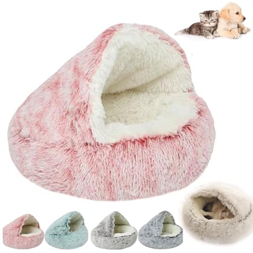QJDTZMD Pursnug Cat Bed, Pursnug Calming Cozy Cave, Calming Dog Beds & Cat Cave Bed with Hooded, Non-Slip Bottom Winter Pet Plush Bed for Dogs Cats (35 * 35CM,Pink) von QJDTZMD