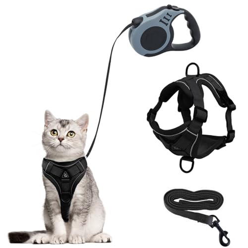 Katzengeschirr und Katzenleine Set,Automatisch Einziehbare Hunde Leine mit Geschirr für Katzen,Ausbruchsicher Katzen Leine Geschirr Set für Kitten Hunde (schwarz, S) von QKTYB