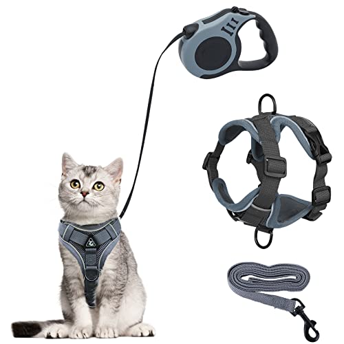 QKTYB Katzengeschirr und Katzenleine Set,Automatisch Einziehbare Hunde Leine mit Geschirr für Katzen,Ausbruchsicher Katzen Leine,Katzen Geschirr Set mit Leine für Katzen Kitten Hunde (M, Grau) von QKTYB