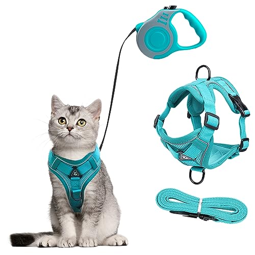 Katzengeschirr und Katzenleine Set,Automatisch Einziehbare Hunde Leine mit Geschirr für Katzen,Ausbruchsicher Katzen Leine Geschirr Set für Kitten Hunde (blau, S) von QKTYB