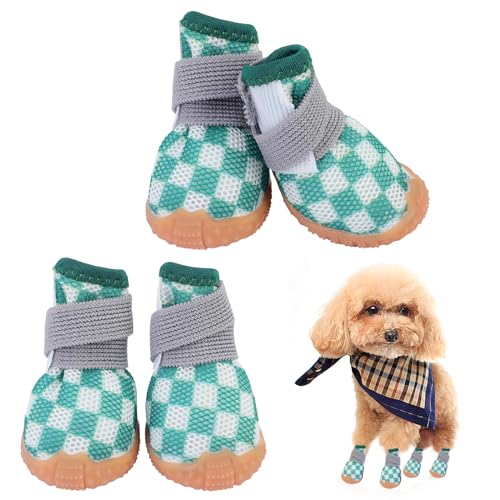 4 Stück Hundeschuhe für kleine Hunde,Puppy Dog Boots Pfotenschutz,Verstellbare, waschbare,Rutschfeste Hundeschuhe,Hundestiefel für verletzte Pfoten,Atmungsaktive Hunde-Gehstiefel für Welpen(Grün) von QKURT