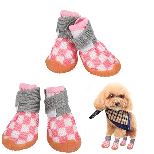 4 Stück Hundeschuhe für kleine Hunde,Puppy Dog Boots Pfotenschutz,Verstellbare, waschbare,rutschfeste Hundeschuhe,Hundestiefel für verletzte Pfoten,Atmungsaktive Hunde-Gehstiefel für Welpen(rosa) von QKURT