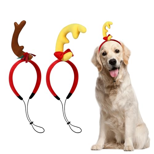 QKURT 2 Stück Weihnachten Haustier Stirnband, Haustier Geweih Stirnband, Hunde Weihnachts Rentier Haarreif Verstellbare, Weihnachts Kopfschmuck für Mittelgroße und Große Hunde(Braun und Gelb, Groß) von QKURT