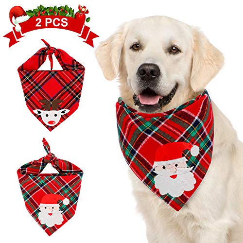 QKURT 2 Stück Weihnachten Plaid Dog Bandana, Weihnachten Classic Plaid Santa Claus und Elk Pet Triangle Lätzchen Schal Zubehör für große Hunde Katzen Haustiere von QKURT