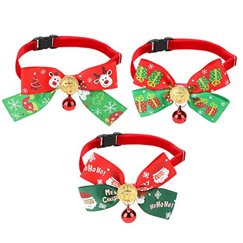 QKURT 3er-Pack Weihnachtshalsband, Weihnachtskatzenhalsband mit Rentier-Weihnachtsbäumen, Schneeflockenmuster, Fliege & rote Glocke, süßes Mode-Fliege-Weihnachtskostüm für Katzen & kleine Hunde von QKURT