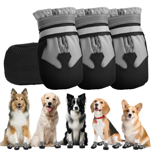 QKURT 4 Stück Hundeschuhe, Hundestiefel Pfotenschutz, wasserdichte Hundeschuhe mit Reflektierenden Riemen, Verstellbare, Waschbare, Pfotenschützer für Kleine, Mittlere und Große Hundee von QKURT