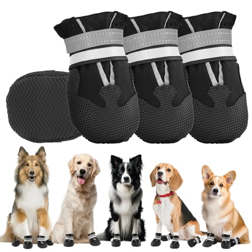 QKURT 4 Stück Hundeschuhe, Hundestiefel Pfotenschutz, wasserdichte Hundeschuhe mit Reflektierenden Riemen, Verstellbare, Waschbare, Pfotenschützer für Kleine, Mittlere und Große Hundee von QKURT