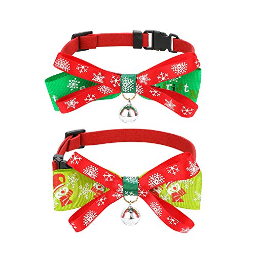 QKURT Packung mit 2 Weihnachts-Hundehalsbändern, verstellbares Weihnachts-Haustierhalsband mit Schleife, Halsring mit Schneeflocken-Weihnachtsmuster für kleine Hundekatze, Haustier-Krawattenzubehör von QKURT