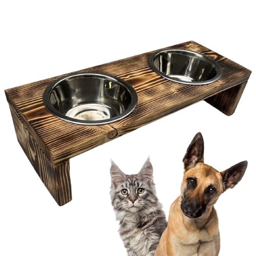 Futterstation Doppelnapf Pet Diner Holz Ständer Hundenapf Katzennapf Hundebar Futterbar handgefertigt 50 x 19,5 x 12,5 cm 0,9 L von QLS