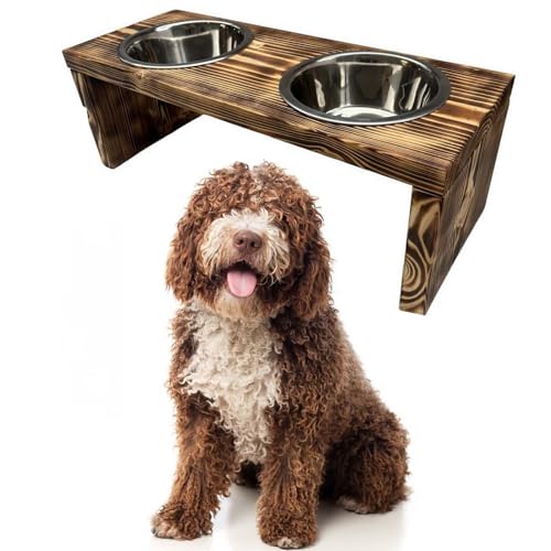 Futterstation Doppelnapf Pet Diner Holz Ständer Hundenapf Katzennapf Hundebar Futterbar handgefertigt 50 x 19,5 x 17,5 cm 0,9 L von QLS