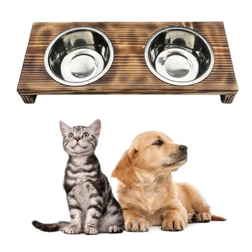 Futterstation Doppelnapf Pet Diner Holz Ständer Hundenapf Katzennapf Hundebar Futterbar handgefertigt 50 x 19,5 x 7,5 cm 0,9 L von QLS