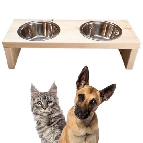 Futterstation Doppelnapf Pet Diner Holz Ständer Hundenapf Katzennapf Hundebar Futterbar handgefertigt hell 50 x 19,5 x 12,5 cm 0,9 L von QLS