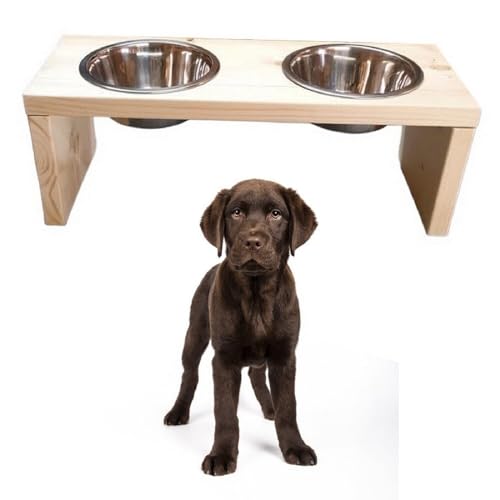 Futterstation Doppelnapf Pet Diner Holz Ständer Hundenapf Katzennapf Hundebar Futterbar handgefertigt hell 50 x 19,5 x 17,5 cm 0,9 L von QLS