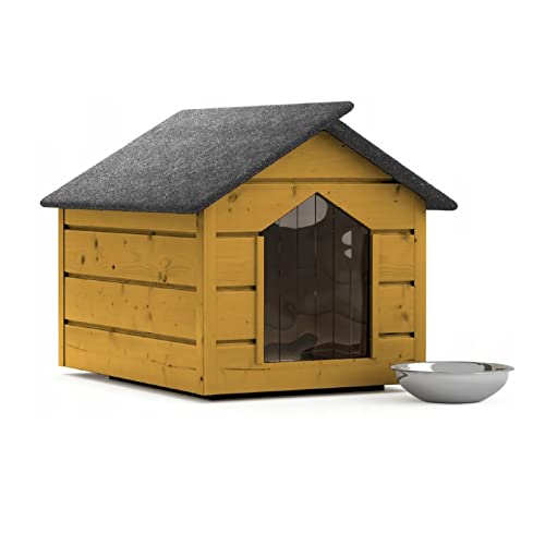 Hundehütte Outdoor Hundehaus L Farblos Katzenhaus Höhle Winterfest Isoliert massiv Holz 80x64x61cm (Kiefer) von QLS