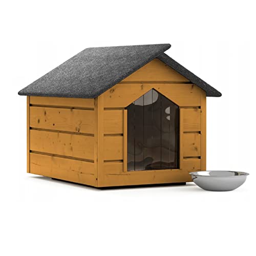 Hundehütte Outdoor Hundehaus L Farblos Katzenhaus Höhle Winterfest Isoliert massiv Holz 80x64x61cm (Pinie) von QLS