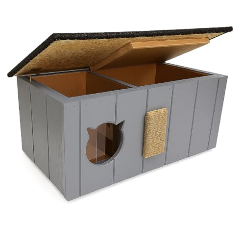 QLS Isoliertes Katzenhaus – 86x47x37cm mit Vorraum, Kratzbrett, Öffnungsdach, Vorhang & Styroporisolierung – wetterfest, Grau QLS Isoliertes Katzenhaus – 86x47x37cm mit Vorraum, Kratzbrett, Öffnungsdach, Vorhang & Styroporisolierung – wetterfest, Grau von QLS