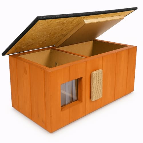 QLS Isoliertes Katzenhaus – 86x47x37cm mit Vorraum, Kratzbrett, Öffnungsdach, Vorhang & Styroporisolierung – wetterfest, Teak QLS Isoliertes Katzenhaus – 86x47x37cm mit Vorraum, Kratzbrett, Öffnungsdach, Vorhang & Styroporisolierung – wetterfest, Teak von QLS
