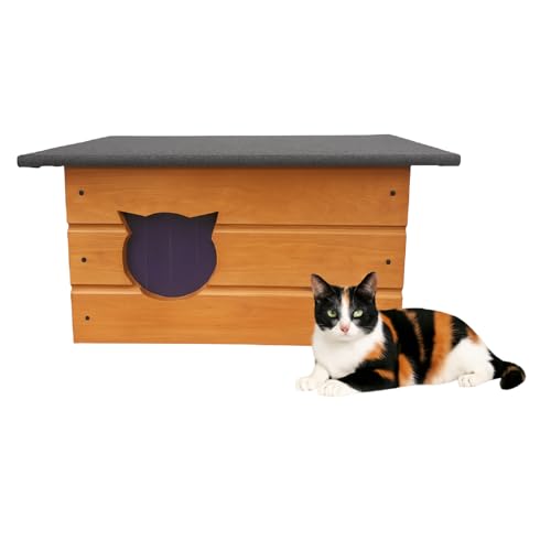 QLS Isoliertes Katzenhaus aus Holz 60x40x40 cm – Winterfester Rückzugsort mit Styropor-Dämmung & flexiblem Vorhang, Teak von QLS
