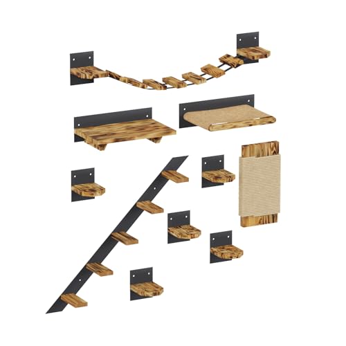 QLS Katzen Kletterwand Set Hängebrüke Katzenbett Katzenregal zur Wandmontage im industriellen Stil aus Holz und Stahl von QLS