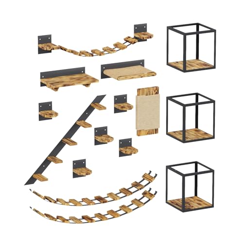 QLS Katzen Kletterwand Set XXL Hängebrüke Katzenbett Katzenregal zur Wandmontage aus Holz und Stahl Loft Industrial Stil QLS Katzen Kletterwand Set XXL Hängebrüke Katzenbett Katzenregal zur Wandmontage aus Holz und Stahl Loft Industrial Stil von QLS