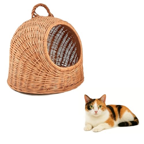 QLS Katzenbett aus Weide mit Tragegriff – Handgeflochtenes Haustierkörbchen für Katzen & kleine Hunde, 40x34x35 cm – Naturmaterial, stabil & dekorativ von QLS
