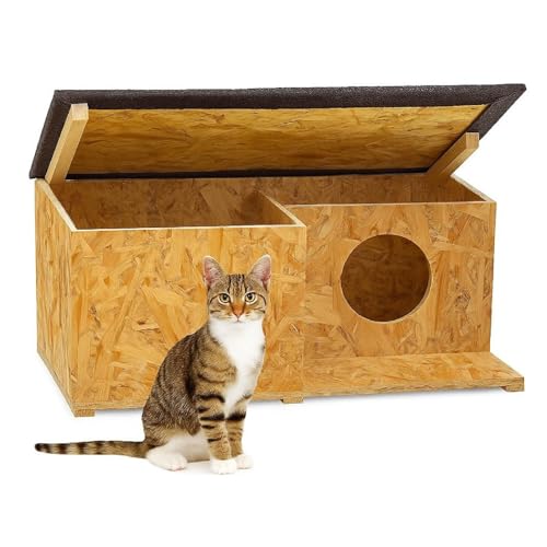 QLS Katzenhaus OSB – Wetterfester Outdoor-Rückzugsort mit Bitumendach & Schutzwand, 59x37x27 cm, Braun – Fertig montiert von QLS