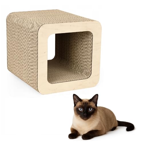 QLS Katzenmöbel aus Wellpappe – 37×30×30 cm – Kratzbrett, Katzenhöhle, Liegeplatz mit Katzenspielzeug & Katzenminze (Beige) von QLS