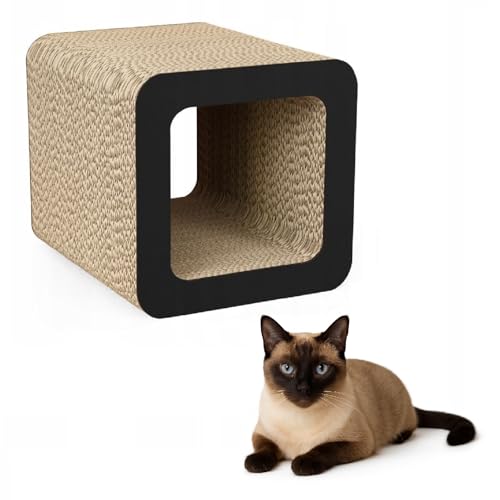 QLS Katzenmöbel aus Wellpappe – 37×30×30 cm – Kratzbrett, Katzenhöhle, Liegeplatz mit Katzenspielzeug & Katzenminze (Schwarz) von QLS