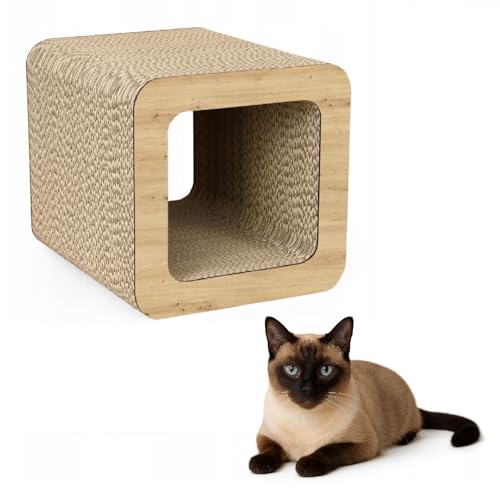 QLS Katzenmöbel aus Wellpappe – 37×30×30 cm – Kratzbrett, Katzenhöhle, Liegeplatz mit Katzenspielzeug & Katzenminze (Sonoma Eiche) von QLS