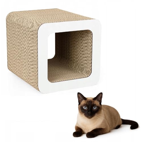 QLS Katzenmöbel aus Wellpappe – 37×30×30 cm – Kratzbrett, Katzenhöhle, Liegeplatz mit Katzenspielzeug & Katzenminze (Weiß) von QLS