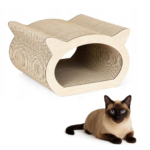 QLS Katzenmöbel aus Wellpappe – 37×36×23 cm – Kratzbrett, Katzenhöhle, Liegeplatz mit Katzenspielzeug & Katzenminze (Beige) von QLS
