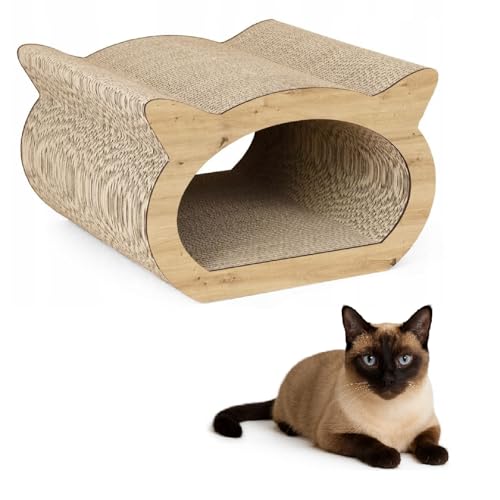 QLS Katzenmöbel aus Wellpappe – 37×36×23 cm – Kratzbrett, Katzenhöhle, Liegeplatz mit Katzenspielzeug & Katzenminze (Eiche) von QLS