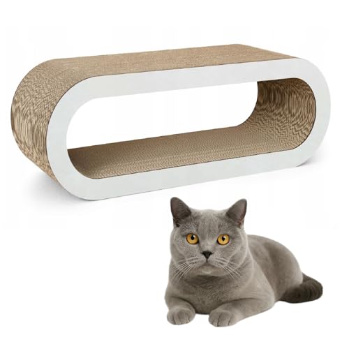 QLS Katzenmöbel aus Wellpappe – 75×27×29 cm – Kratzbrett, Katzenhöhle, Liegeplatz mit Katzenspielzeug & Katzenminze (Hellgrau) von QLS