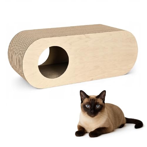 QLS Katzenmöbel aus Wellpappe & HDF – 75×27×29 cm - Kratzbrett, Katzenhöhle, Liegeplatz – Inkl. Katzenspielzeug & Katzenminze (Beige) von QLS