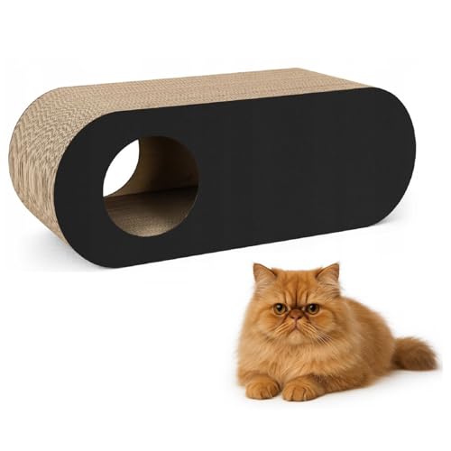 QLS Katzenmöbel aus Wellpappe & HDF – 75×27×29 cm - Kratzbrett, Katzenhöhle, Liegeplatz – Inkl. Katzenspielzeug & Katzenminze (Schwarz) von QLS