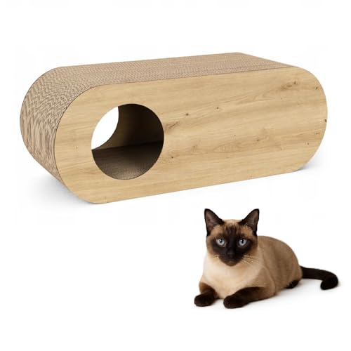QLS Katzenmöbel aus Wellpappe & HDF – 75×27×29 cm - Kratzbrett, Katzenhöhle, Liegeplatz – Inkl. Katzenspielzeug & Katzenminze (Sonoma Eiche) von QLS
