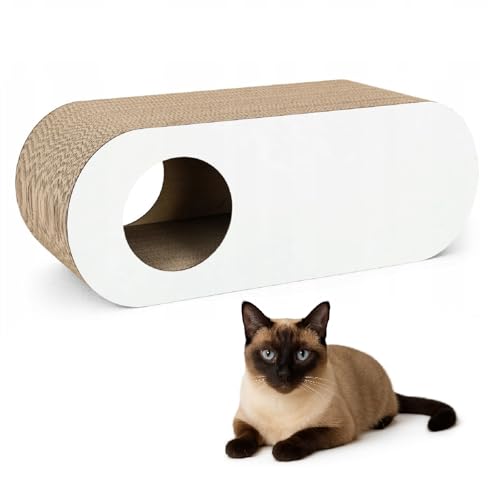 QLS Katzenmöbel aus Wellpappe & HDF – 75×27×29 cm - Kratzbrett, Katzenhöhle, Liegeplatz – Inkl. Katzenspielzeug & Katzenminze (Weiß) von QLS